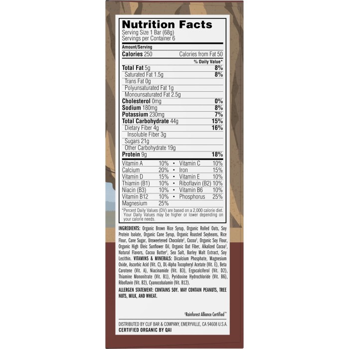 Clif bar nutrition facts label